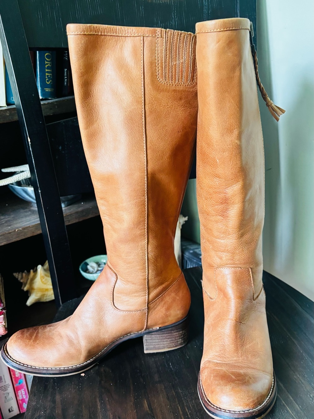 Lucky Brand Cognac Leather Knee High Riding Boots Braided Zip Women’s Size 8
